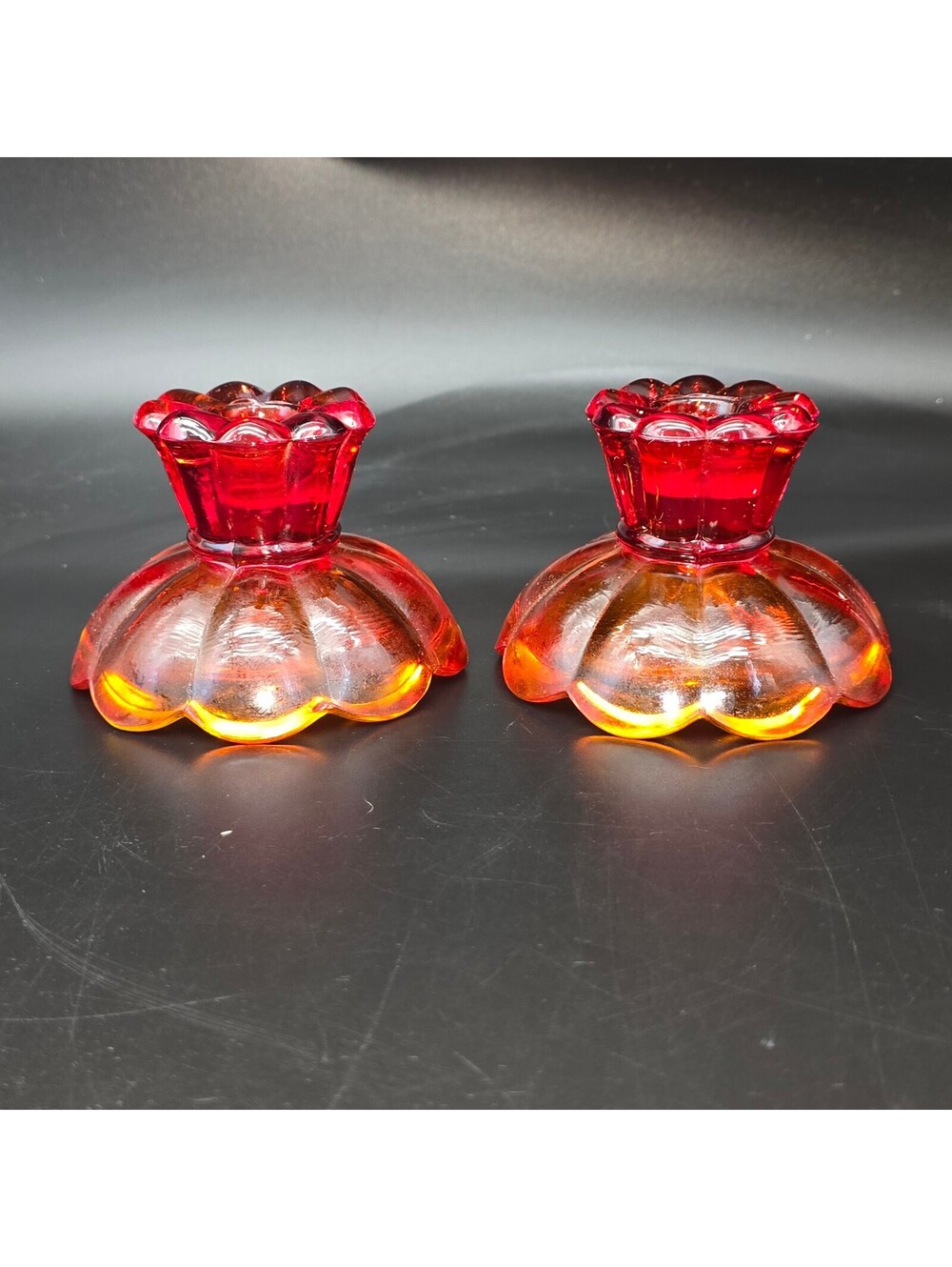Vintage Westmoreland Amberina Glass Lotus Candle Holders Pair - Glows Under UV!